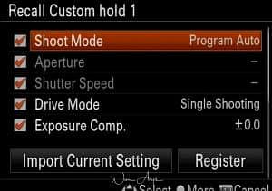 Reg Cust Shoot Set settings