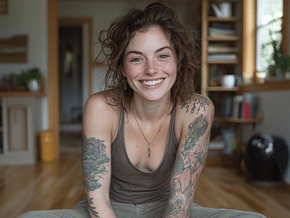 a candid portrait of a person laughing taken in natural light