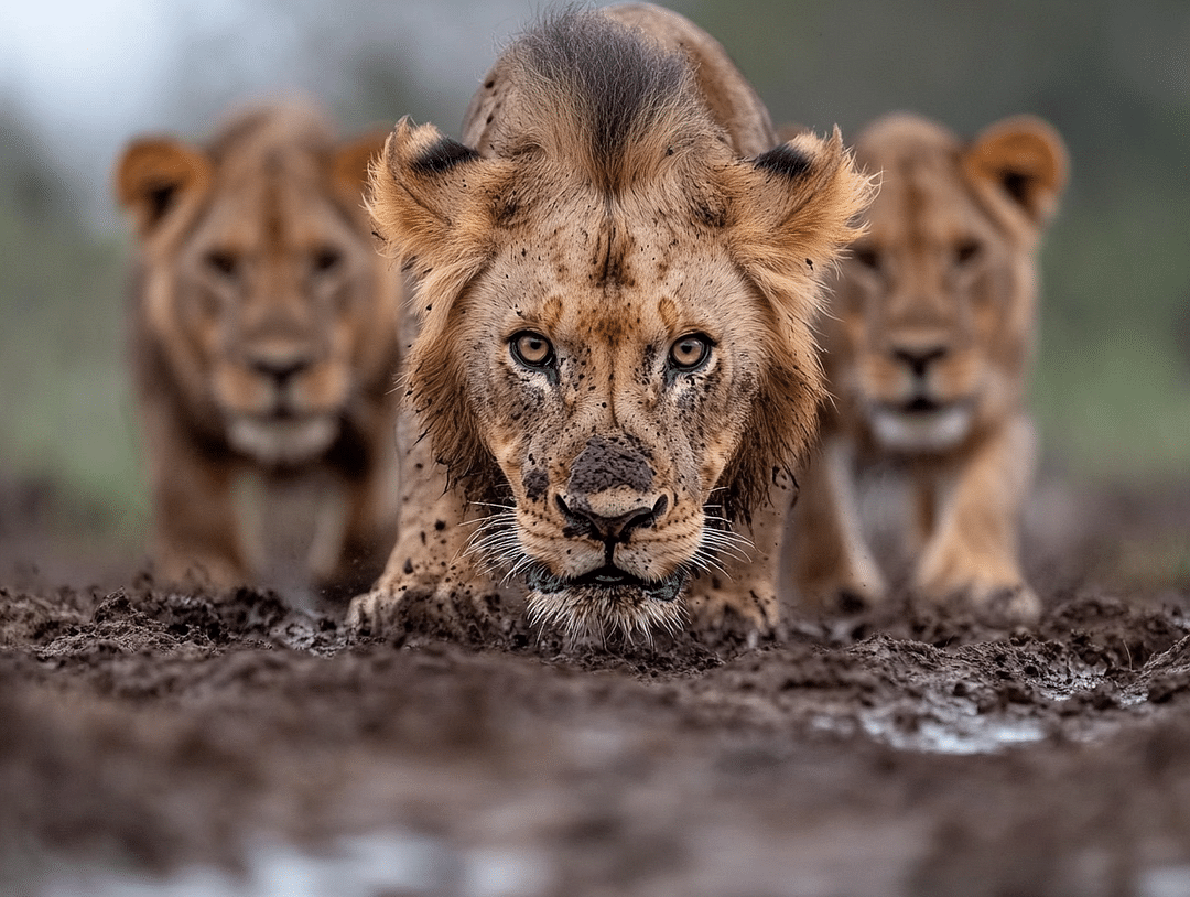 a close up of a pack of lions with reflections a close up of a pack of lions with reflections